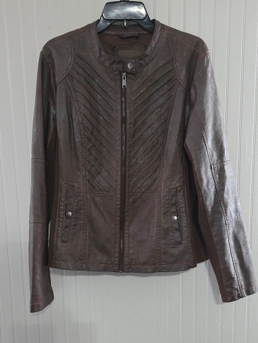 Large Maurices Brown Faux Leather Chevron Zip Moto Jacket